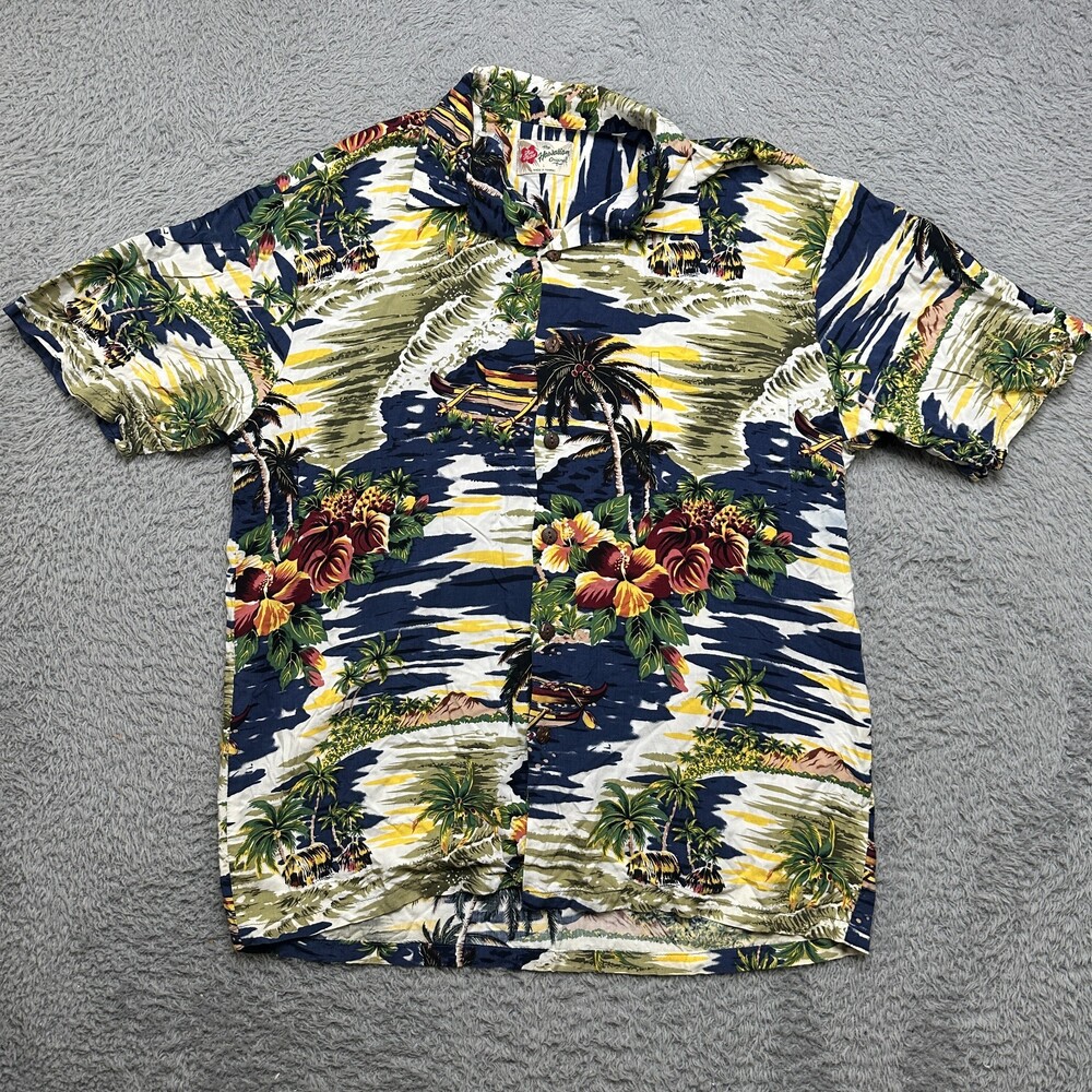 Hilo Hattie Shirt Mens L Hawaiian Camp Beach Coconut Palms Aloha